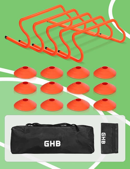 GHB Speed Agility Training Equipment, 5 Pack Agility Hurdles Soccer Cones 12 Pack Detachable Sturdy Hurdles Training Equipment Set with Carry Bag for Athletes,Soccer,Basketball