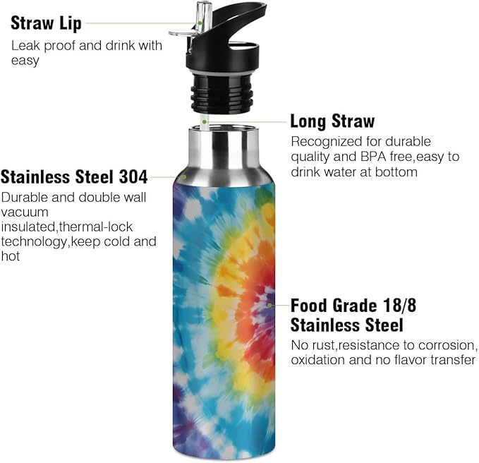 Retro Abstract Swirl Tie Dye Water Bottle Vacuum Insulated Stainless Steel Mug Kids Water Bottle with Straw and Handle Keep Hot Cold Sport Bike Fit Travel Outdoor 20 oz