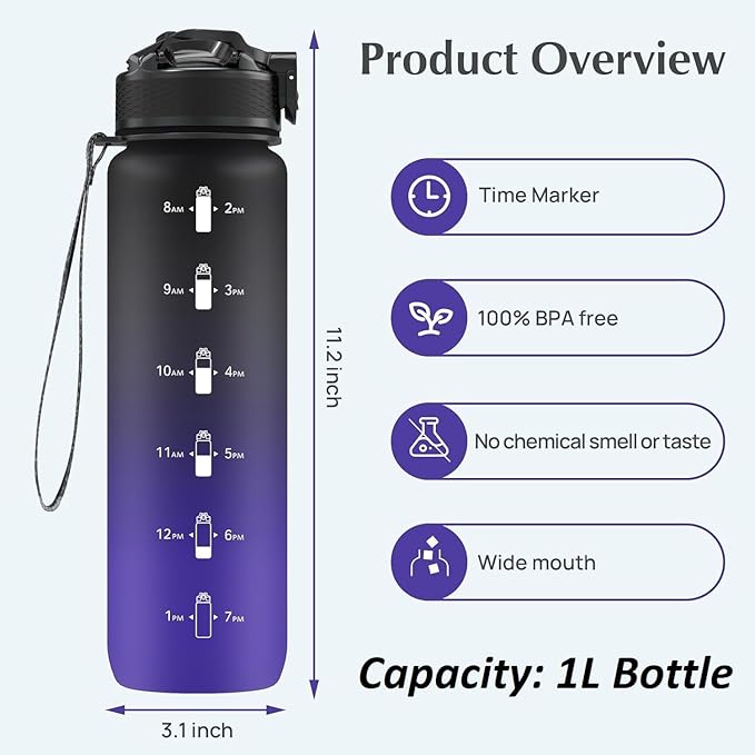 EYQ 32 oz Water Bottle with Time Marker, Carry Strap, Leak-Proof Tritan BPA-Free, Ensure You Drink Enough Water for Fitness, Gym, Camping, Outdoor Sports