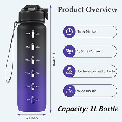 EYQ 32 oz Water Bottle with Time Marker, Carry Strap, Leak-Proof Tritan BPA-Free, Ensure You Drink Enough Water for Fitness, Gym, Camping, Outdoor Sports