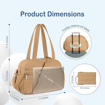 TOPDesign Travel Duffel Bag for Women, Puffer Gym Bag Sports Tote with Wet Pocket, Carry On Weekender with Luggage Sleeve (Khaki)