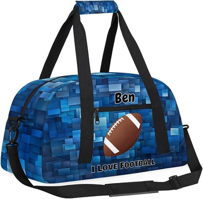 Custom Sports Gym Bags for Boys, Overnight Duffel Bags Workout Training Personalized Sport Gym Bag Travel Practice Gymnastics Duffel Bag, I Love Football Blue Geometric Pattern