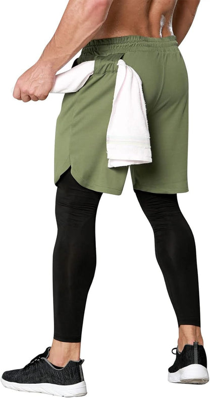 Odoland 2 Pack Mens Compression Running Pants, 2 in 1 Quick Dry Athletic Workout Sweatpants Shorts Gym Leggings with Pocket