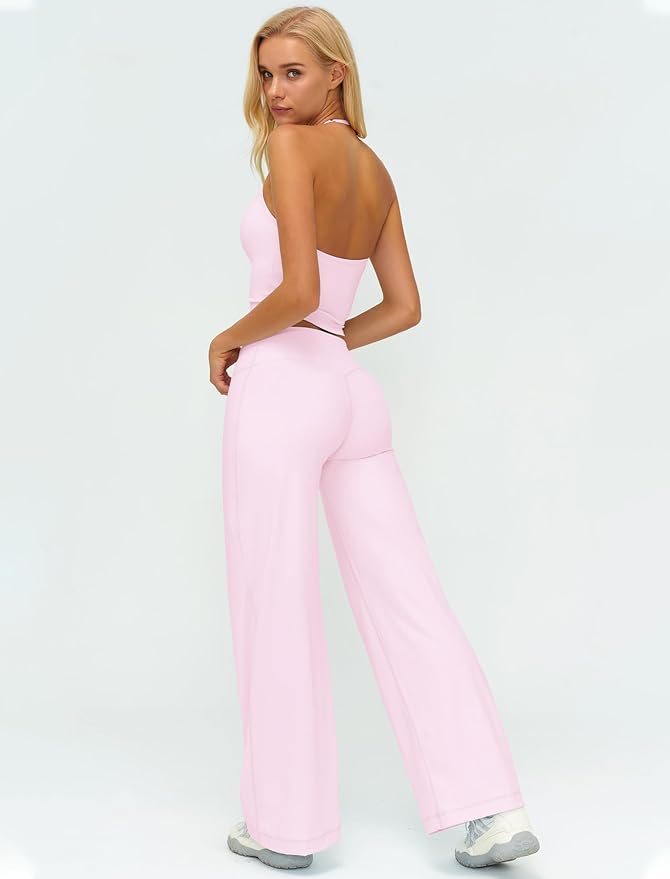 Womens Workout Sets Two Piece Spaghetti Straps Crop Top Matching Straight Leg Pants Gym Work Pilates Outfits
