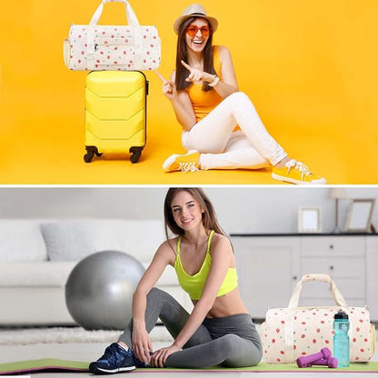Gym Travel Duffle Bag for Girls - Gymnastics Sports Dance Bag with Shoe Compartment & Wet Pocket Strawberries Kids Travel Bag Teens Weekender Sleepover Carry On Bag