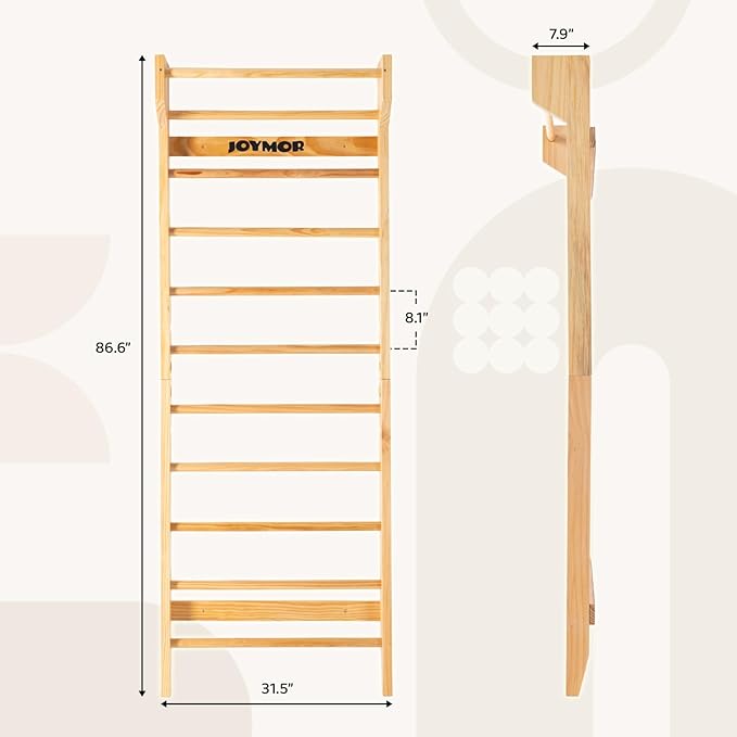 JOYMOR Gymnastics Swedish Ladder, Multiuse Exercise Ladder, Wall Mounted Pull Up Bar, Physical Therapy for Stretching and Various Exercises, Indoor Gym Workout Yoga (Wood Stall Bar)