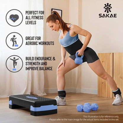 SAKAE Adjustable Aerobic Stepper Kit with Dumbbells & Kettlebell & Weightlifting Belt & Measuring Tape, 2 Level Risers Exercise Step Platform for Home Gym Exercise Fitness Workout, Multiple Colors
