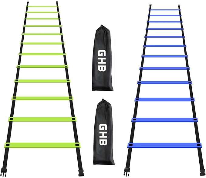 GHB Pro Agility Ladder 2 Pack Agility Training Ladder Speed 12 Rung 20ft with Carrying Bag (Green and Blue)