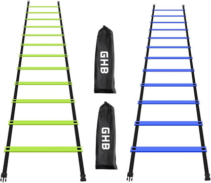 GHB Pro Agility Ladder 2 Pack Agility Training Ladder Speed 12 Rung 20ft with Carrying Bag (Green and Blue)