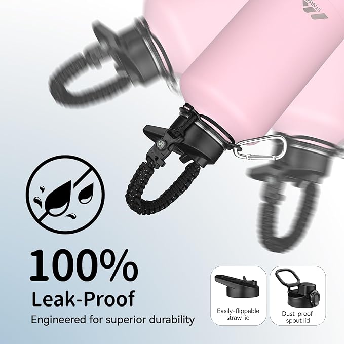 StarSpeed 64oz Insulated Water Bottle with Straws & 2 Lids, Half Gallon Stainless Steel Double Walled Vacuum Water Jug, Large Wide Mouth with Paracord Handle for Gym Camping Hiking, Pink