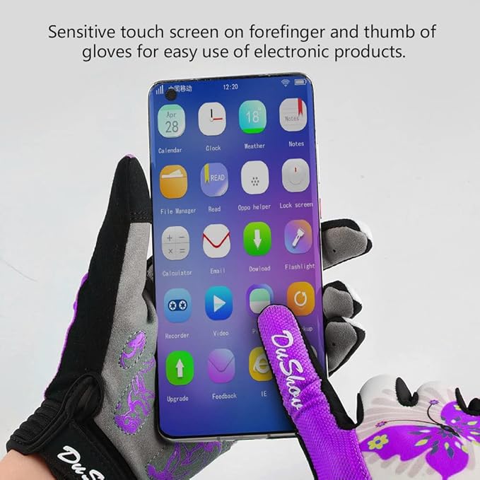 DuShow Bike Gloves for Women Cycling,Pink Floral Workout Gloves Women,Full Finger Biking Driving Riding Gloves for Women,Gel Padded Touch Screen Gym Gloves