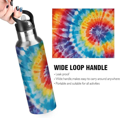 Retro Abstract Swirl Tie Dye Water Bottle Vacuum Insulated Stainless Steel Mug Kids Water Bottle with Straw and Handle Keep Hot Cold Sport Bike Fit Travel Outdoor 20 oz