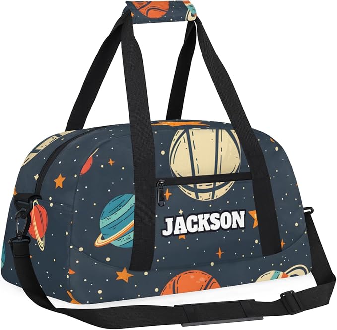 Personalized Basketball Gym Duffel Bags with Name for Kids Boys, Custom Sport Training Travel Bags for Overnight Weekender, Dark Blue Space