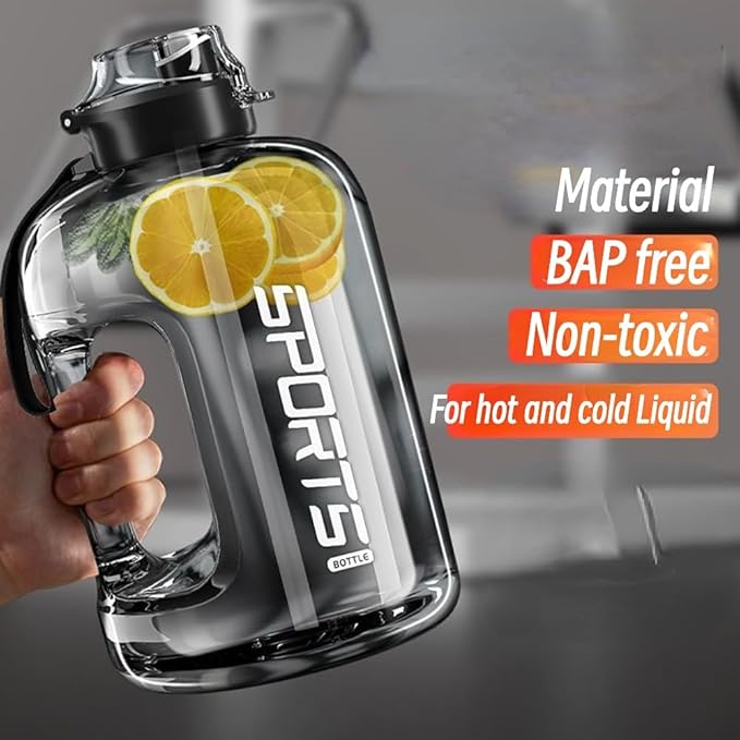 Gym Water Bottle with Straw and Time Marker (74oz-135oz) for Work, Hiking, Gym Large Capacity for Men and Women (BlackWhite(PP+4 gifts), 57oz/1700ml)