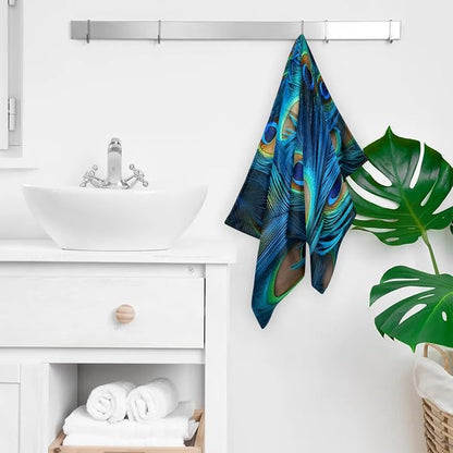Green Blue Peacock Feather Hand Towels for Bathroom Set of 2, Decorative Bath Hand Towels, Soft Microfiber Absorbent Towel for Fitness, Yoga, Travel, Camping, Gym