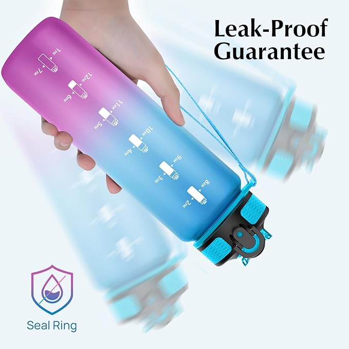 EYQ 32 oz Water Bottle with Time Marker, Carry Strap, Leak-Proof Tritan BPA-Free, Ensure You Drink Enough Water for Fitness, Gym, Camping, Outdoor Sports