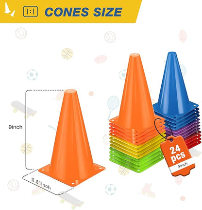 24pcs Cones 9 Inch Soccer Cones and Plastic Traffic Cones, Durable Cones for Sports Training, Ideal for Soccer, Basketball, Football, Skating, and Agility Drills Practice