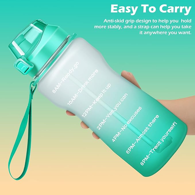 Gallon Motivational 64/100 oz Water Bottle with Time Marker & Straw, Large Daily Water Jug for Fitness Gym Outdoor Sports, Remind of All Day Hydration, Leak Proof, BPA Free (ombre green, 64oz)
