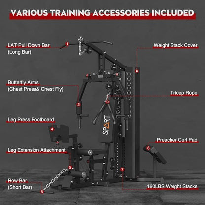 SPART Home Gym Station,Multifunctional Home Gym Workout Equipment,with 160LBS Weight Stack for Leg Press & Chest Fly, All in One Exercise Equipment Full Body Strength Training with Pulley System
