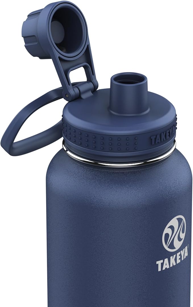 Takeya Actives Stainless Steel Water Bottle, Insulated Spout Lid, Keeps Drinks Cold 24 Hrs, Leakproof, Durable, Dishwasher Safe, Ideal for Gym, Travel, Fits Most Cup Holders, 40 oz/Midnight Blue