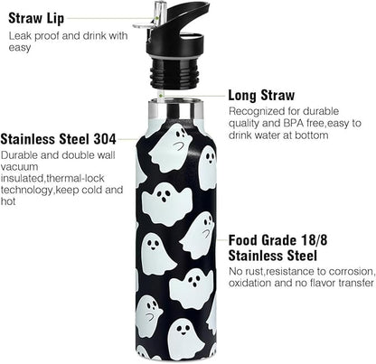 Halloween Ghost Sport Water Bottle with Straw, Vacuum Insulated Stainless Steel Thermal Drinking Travel Mug Cups For Gym Fitness Camping-20oz/600ml