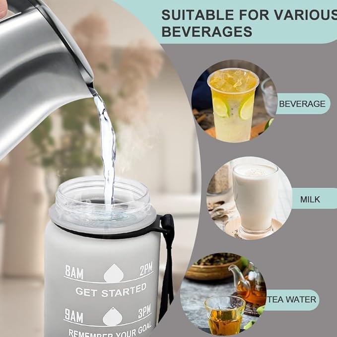 32oz Sports Water Bottle Outdoor, with Drinking Time and Capacity Labels, Sport Water Cups with Straw,BPA Free Leak Proof,for Fitness Gym Running Climbing(Grey black)