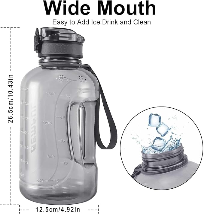 GEMFUL 2 Liter Water Bottle with Time Marker & Handle 64oz Large Motivational Jug for Gym Workouts No Straw Leak Proof BPA Free (Grey)