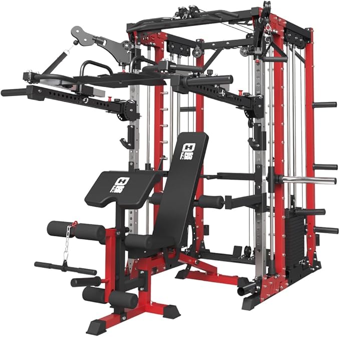 FAGUS Commercial Smithe Machine with Dual Weight Stacks, Power Cage Squat Rack with Lever Arm & Leg Press Attachment, Multi-Function Linear Bearing Cable Crossover Machine for Home Gym