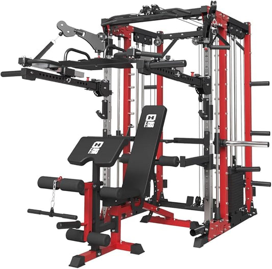 FAGUS Commercial Smithe Machine with Dual Weight Stacks, Power Cage Squat Rack with Lever Arm & Leg Press Attachment, Multi-Function Linear Bearing Cable Crossover Machine for Home Gym