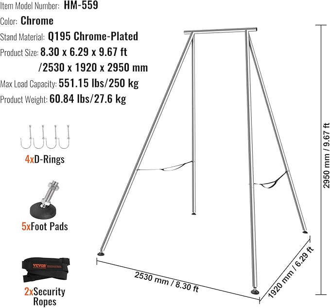 VEVOR Yoga Stand Frame, Max 441-551 lbs Load Swing Stand, Triangular Structure Aerial Rig, Aerial Silk Stands with Yoga Hammock, Standard & Height-Adjustable Version