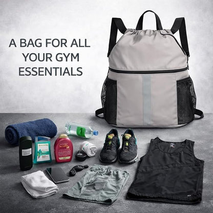 PPZ Drawstring Sports Backpack with Side Mesh Pockets, Lightweight Gym & Travel Bag with Water Bottle Holders for Fitness, Outdoor Activities and Daily Use – Gray