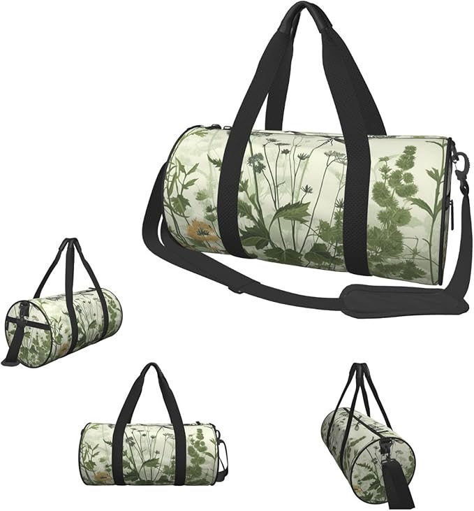 Sports Gym Bag for Women Men Travel Duffel Bag Tote Weekender Bag Carry on Overnight Bag for Travel Swimming Fitness Workout Sports Foliage and Herbs with Dragonflies Winged Duffle Bag