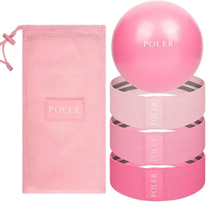 Poler Fit Kit: Fabric Resistance Bands Kit with 3 Levels (Light, Medium, Heavy) + 9″ Pilates Ball for Home Workouts – Exercise Bands Set for Strength Training, Pilates, Yoga, Glutes, Legs & Full Body