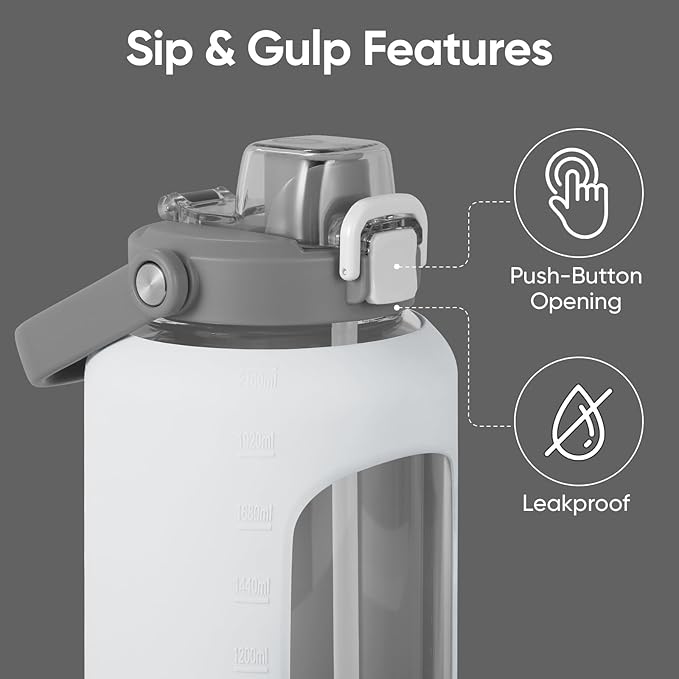 72oz Glass Water Bottle with 2-IN-1 Straw &Chug Lid, Large Motivational Glass Bottle with Capacity Marker and Silicone Sleeve, 2.1Liter Gallon Water Jug for Home, Sports, Gym, BPA Free-White