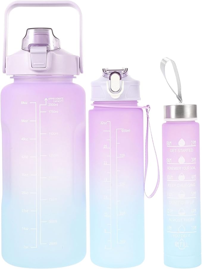 Ciieeo 3pcs Sports Water Bottle Set Large Capacity Frosted Gradient Plastic Workout Bottles (2l, 900ml, 300ml) Portable Fitness Hydration for Outdoor Gym and Hiking