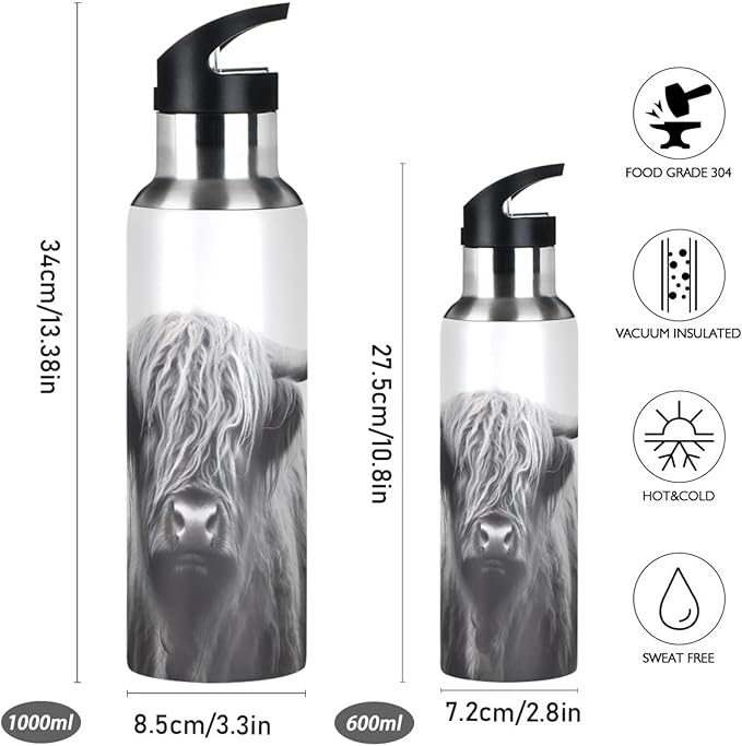 Blueangle 32oz Highland Cow Stainless Steel Water Bottle - Leakproof Insulated Metal Sports Bottle for Gym, Camping, Outdoor Fitness & Travel（25）