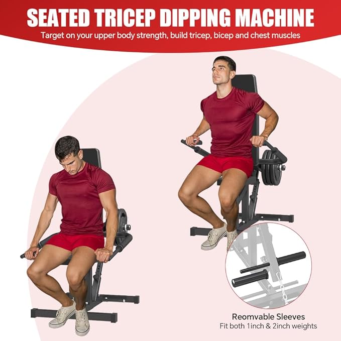 SPART Seated Dip Machine, Plate Loaded Tricep/Bicep Dip Press Machine with Cable Bar & Band Peg for Biceps Chest Training, Upper Body Push Workout, Hold up to 440LBS