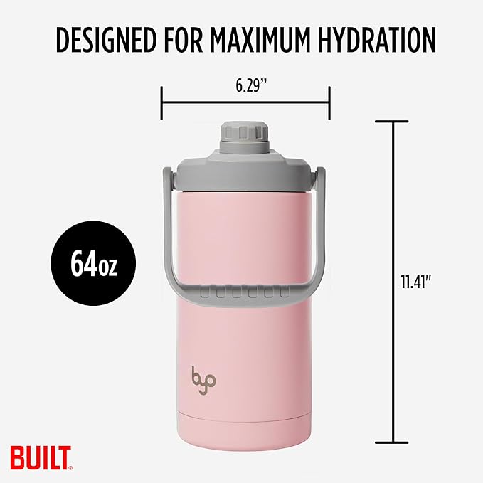 Built Byo 64 Oz Double Walled Insulated Stainless Steel Bottle (Pink) - BPA-Free Leakproof Chug Lid, Durable Sweat-Proof Silicone Grip Handle - Hydration Essential for Gym, Fitness, Healthy Lifestyle