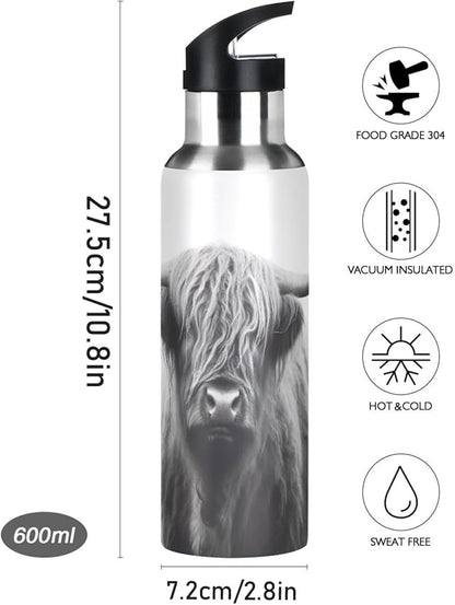 Blueangle 20oz Highland Cow Stainless Steel Water Bottle - Leakproof Insulated Metal Sports Bottle for Gym, Camping, Outdoor Fitness & Travel（24）