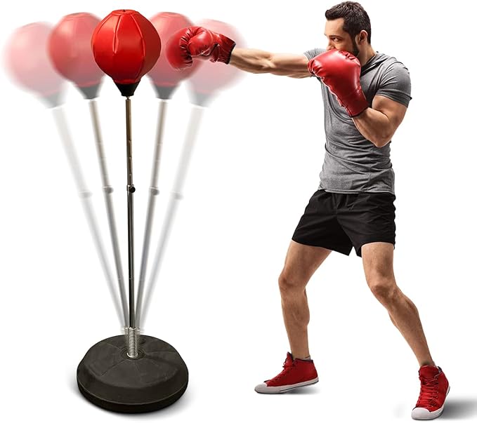 Freestanding Punching Bag with Boxing Gloves Set + Pump | Adjustable Height Boxing Bag Reflex Standing Speed Bag | MMA Fitness Training for Adults/Kids | Stress Relief Exercise Strength Train