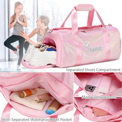 Dance Duffle Bag for Girls Shiny Glitter Sports Gym Bag for Girls Weekender Overnight Sleepover Travel Duffel with Shoes Compartment