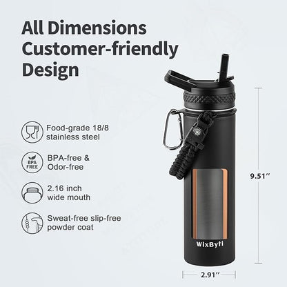 20 oz Insulated Water Bottle with Straw (Cold for 24 Hrs), Stainless Steel Triple Wall Vacuum Sports Water Jug, Leakproof Hydro Cup Flask with Paracord Handle & Straw Spout Lids & DIY Stickers