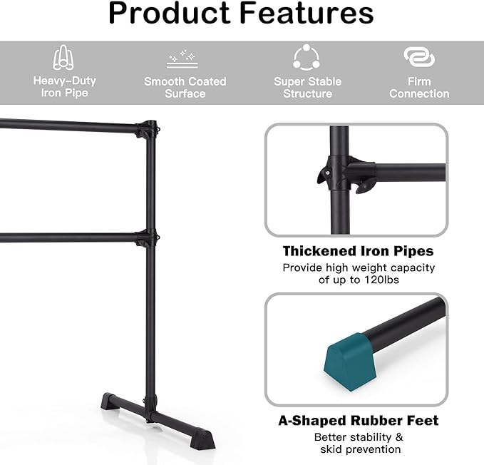 Goplus 4 FT Height Adjustable Ballet Bar, Double Portable Ballet Barre, Freestanding Dance Bar, Fitness Exercise Equipment for Home Gym School, Barre Bar for Kids & Adults