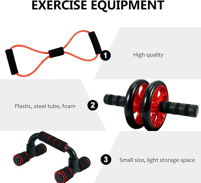 Abdominal Wheel Roller Set, Red Dual-wheel Exercise Roller with 7pcs Core Training Kit, Unisex Ab Workout Equipment for Home Fitness and Strength Training