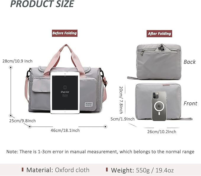 Travel Bag, Large Capacity Folding Travel Bag, Sports Gym Bag with Wet Pocket & Shoes Compartment, Foldable Travel Duffel Bag, Weekender Overnight Bag for Women and Man