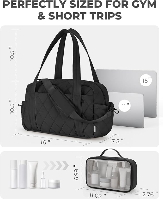 Percover Women Gym Bag with Toiletry Organizer Pouch, Quilted Workout Duffle with Compartments for Daily Fitness & Yoga, Locker-Friendly Soft Carry, Midnight Black