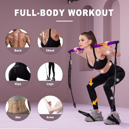 Pilates bar kit Multiple Fitness bar with Resistance Bands, Ab Rollers.Core Strength Training Equipment. Squat Machine for Men and Women.Portable Home Gym Pilates bar kit for Full Body Training Women