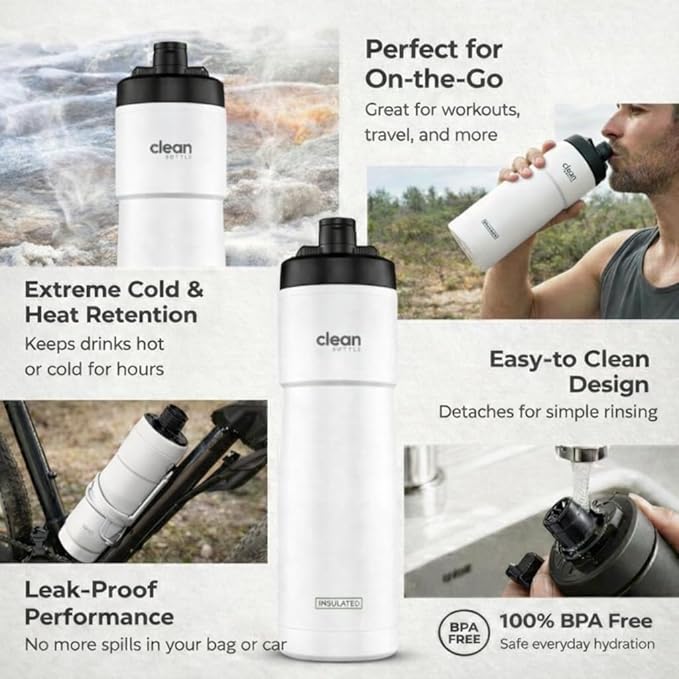 The Clean Hydration Co Insulated Bike Water Bottle 23 oz | Easy Clean Nozzle, Easy Squeeze Sports Bottle | BPA Free Cycling Bottle for Road & Mountain Biking, Gym & Travel | Gloss White