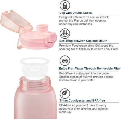 30oz Water Bottle with Time Markers and Filter, BPA Free Large Durable Portable Plastic Bottle for school (Pack of 1)