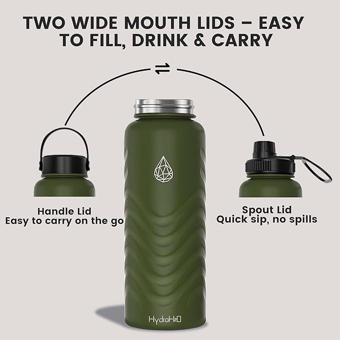 32oz Stainless Steel Insulated Water Bottle, 48H Ice Cold & 24H Hot, Leak-Proof Wide Mouth Lids (Straw & Spout), BPA-Free Bottles, Mens Water Bottle for Gym, Hiking, Travel - Green